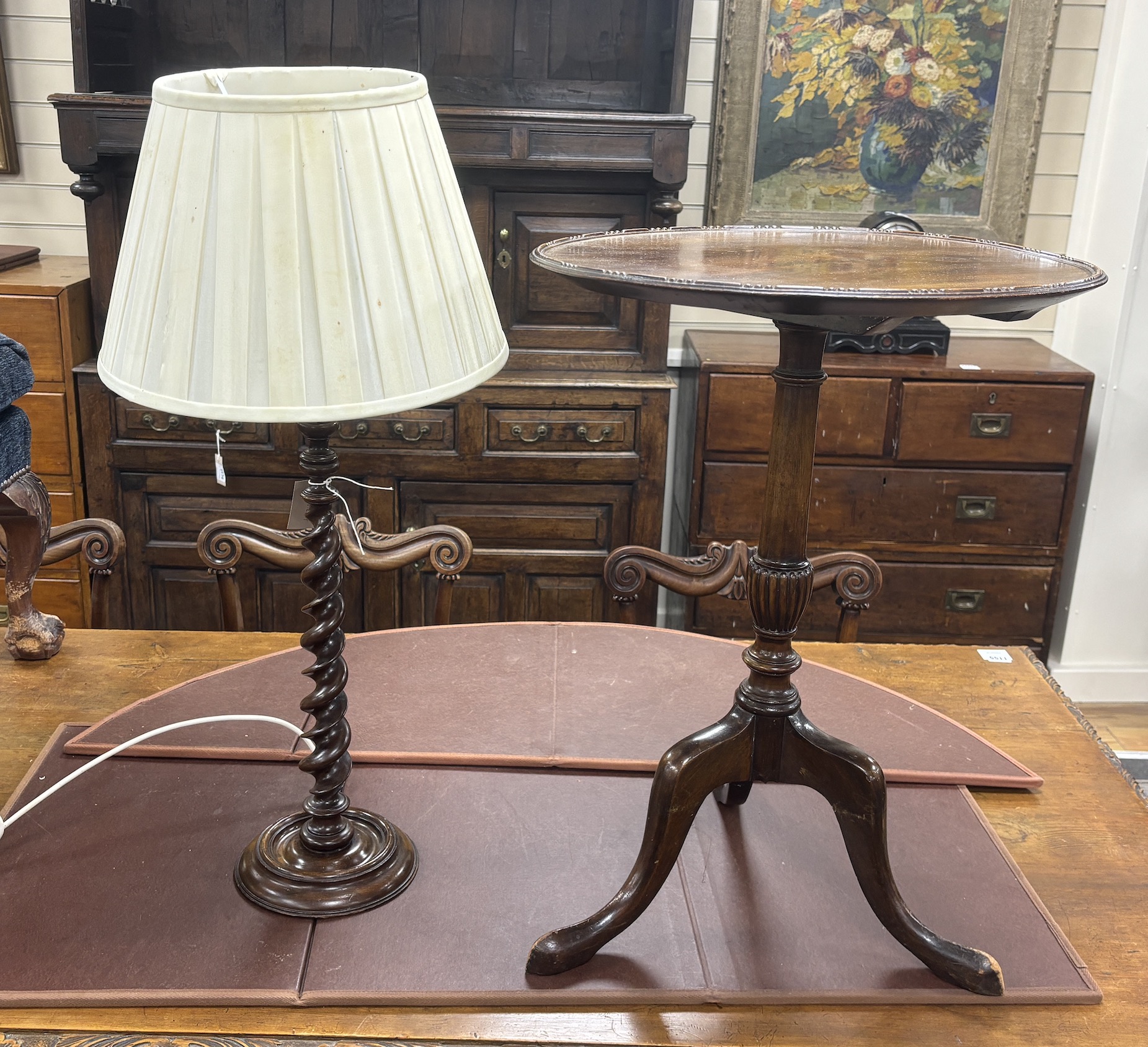A turned beech table lamp and a circular tripod wine table
